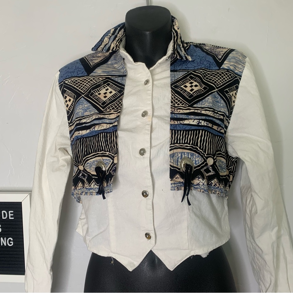 Vintage Roughrider Western Fringe Cropped Button Up Shirt Blue Black Small - Picture 3 of 14